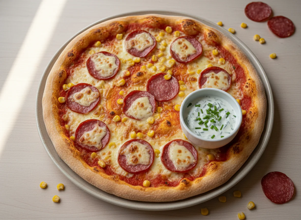 Salami-Mais-Pizza mit Dip photo