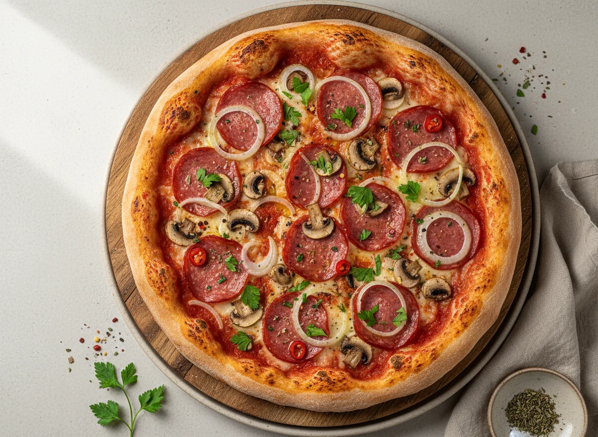Salami-Pilz-Zwiebel-Pizza photo