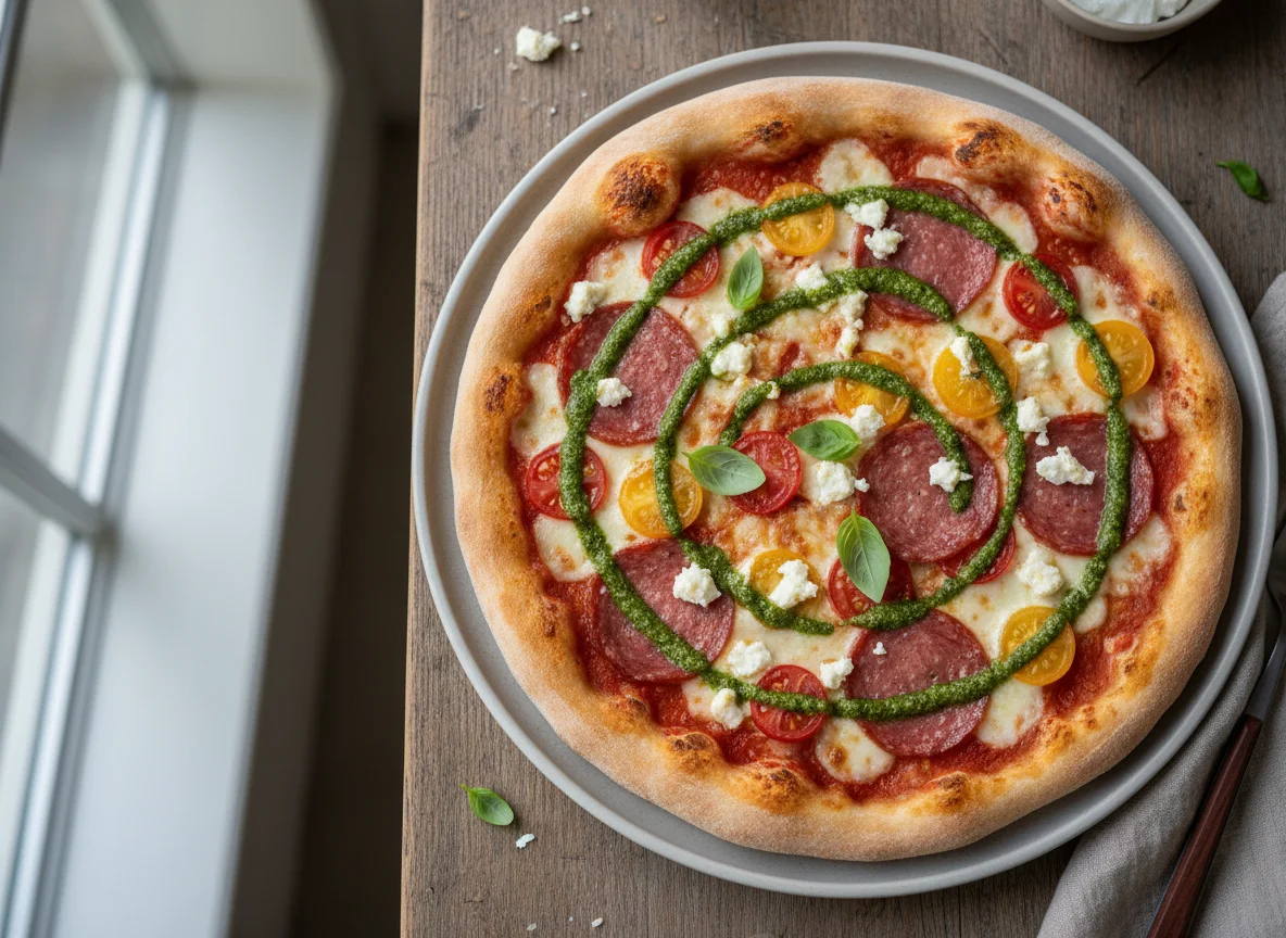 Salami-Pizza mit Kirschtomaten und Feta photo