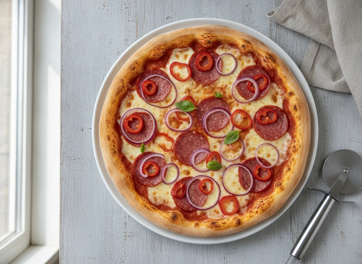 Salami-Pizza mit Peperoni und roten Zwiebeln photo