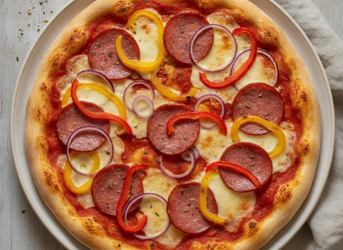 Salami-Pizza mit Zwiebeln und Paprika photo