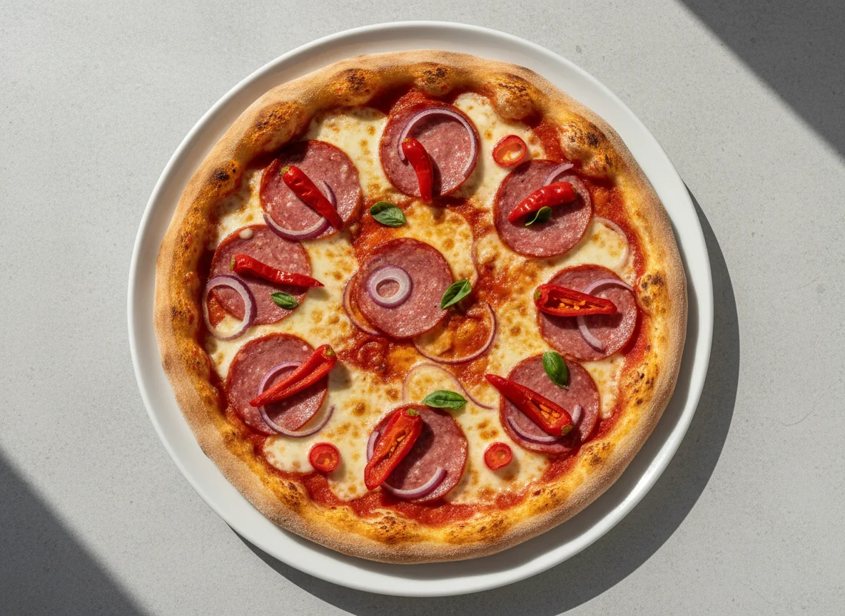 Salami-Pizza mit Zwiebeln und Peperoni photo