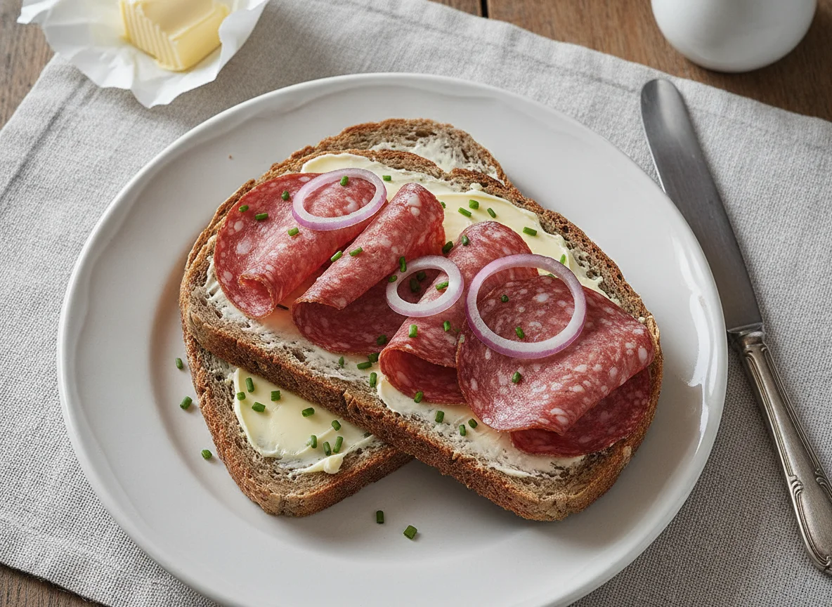 Salami-Sandwich auf Graubrot photo