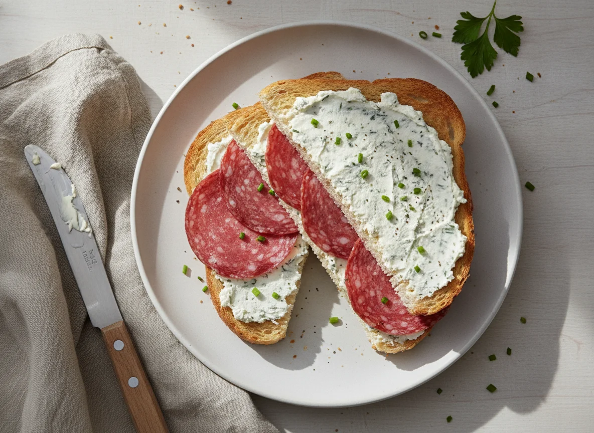 Salami-Sandwich mit Frischkäse photo