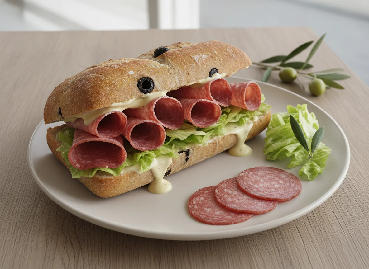 Salami-Sandwich mit Salat photo