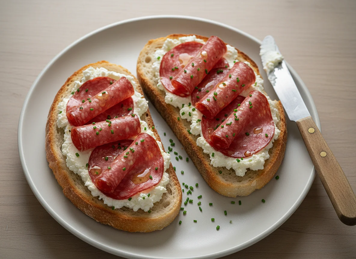 Salami-Toast mit Frischkäse photo