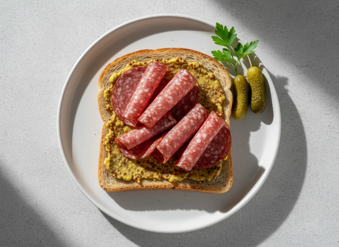 Salami-Toast mit Senf photo