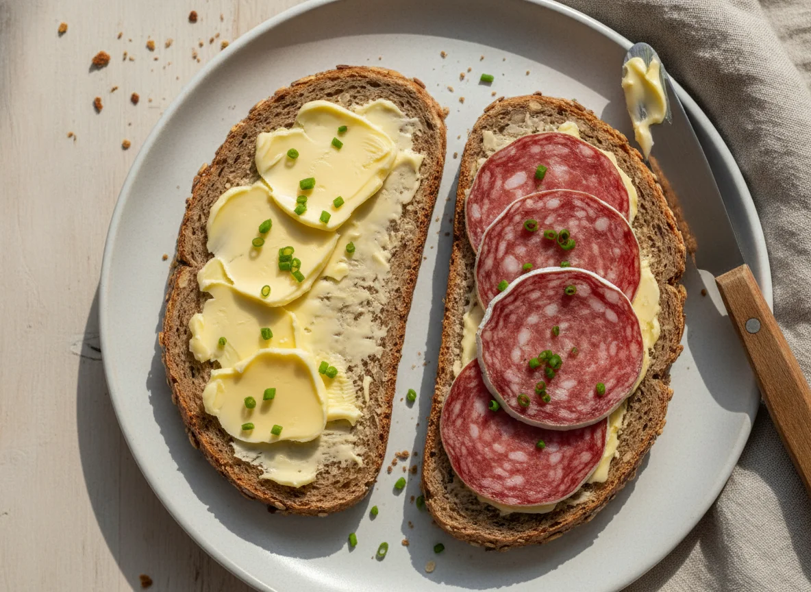 Salami-Vollkornbrot mit Butter photo