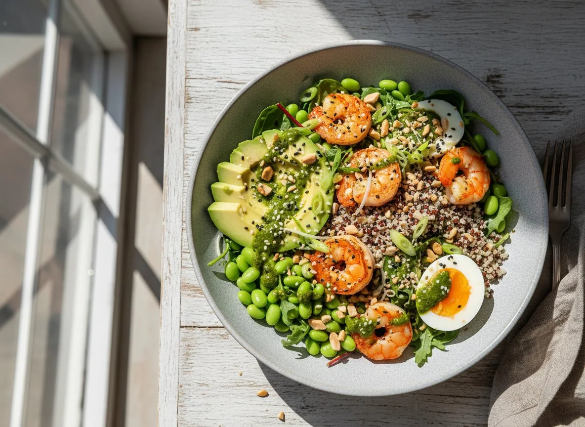Salat Bowl mit Garnelen und Avocado photo