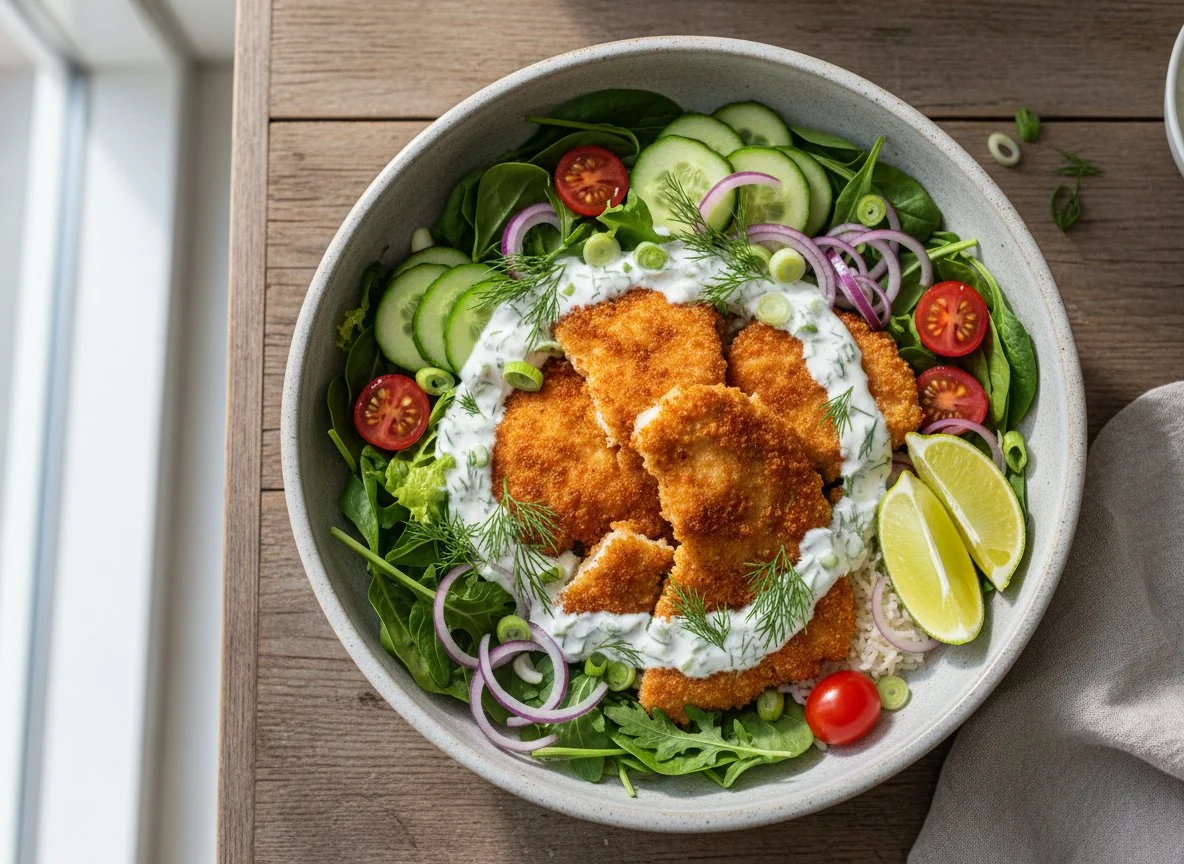 Salat Bowl mit paniertem Hähnchen photo