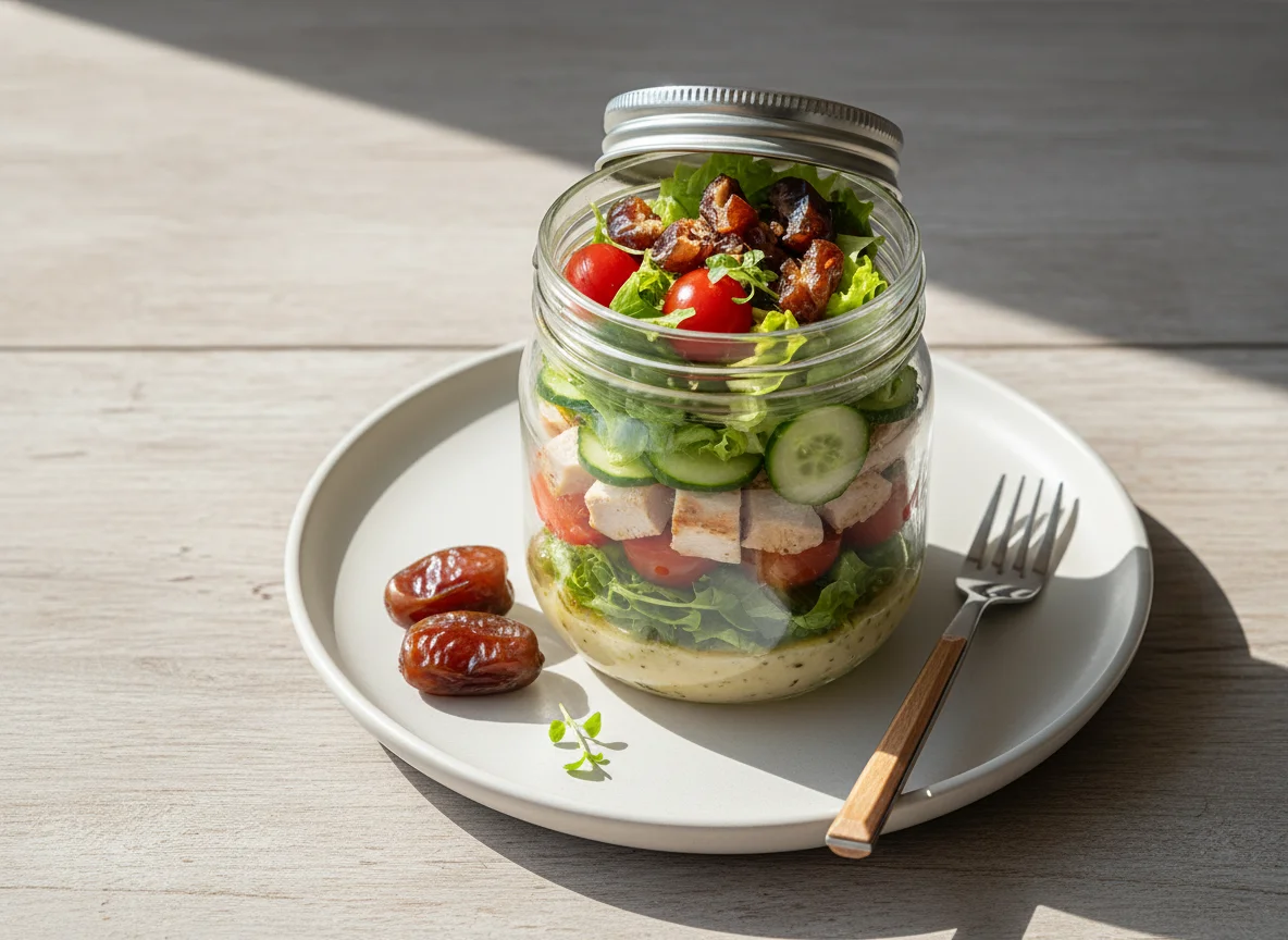 Salat im Glas mit Datteln photo