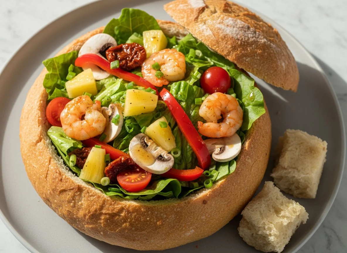 Salat in Brotschale mit Garnelen und Brot photo