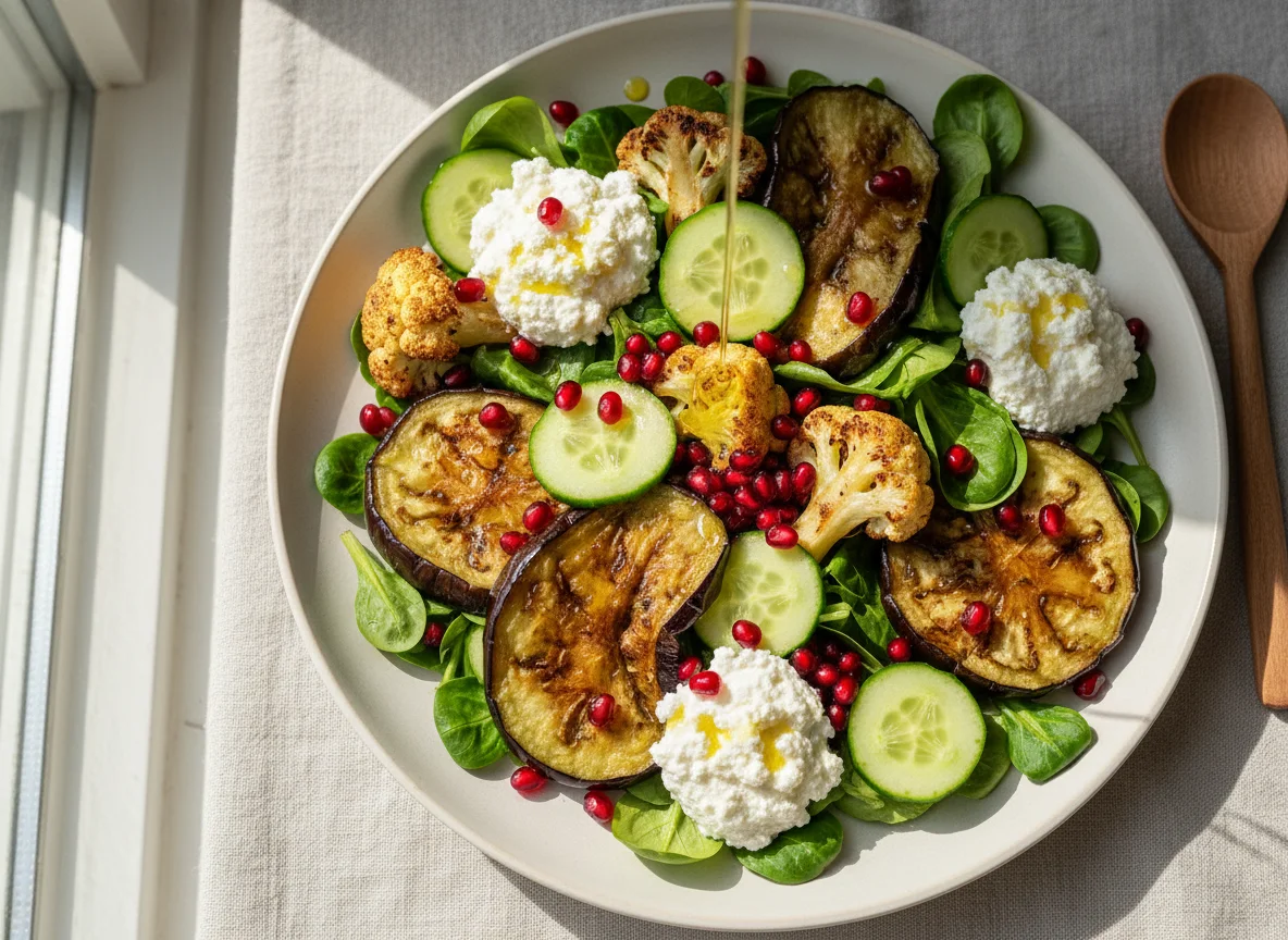 Salat mit Auberginen, Blumenkohl und Hüttenkäse photo