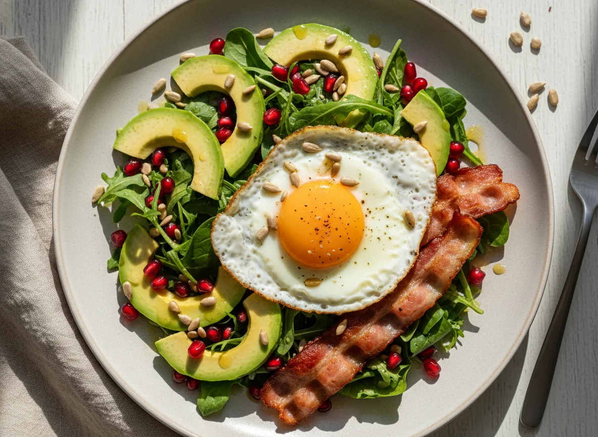 Salat mit Avocado, Granatapfel, Sonnenblumenkernen und Spiegelei mit Speck photo