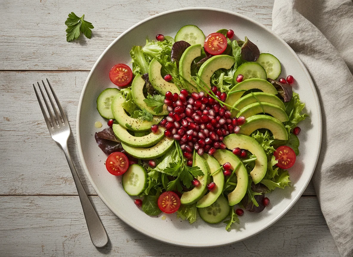 Salat mit Avocado, Granatapfel und Tomaten photo