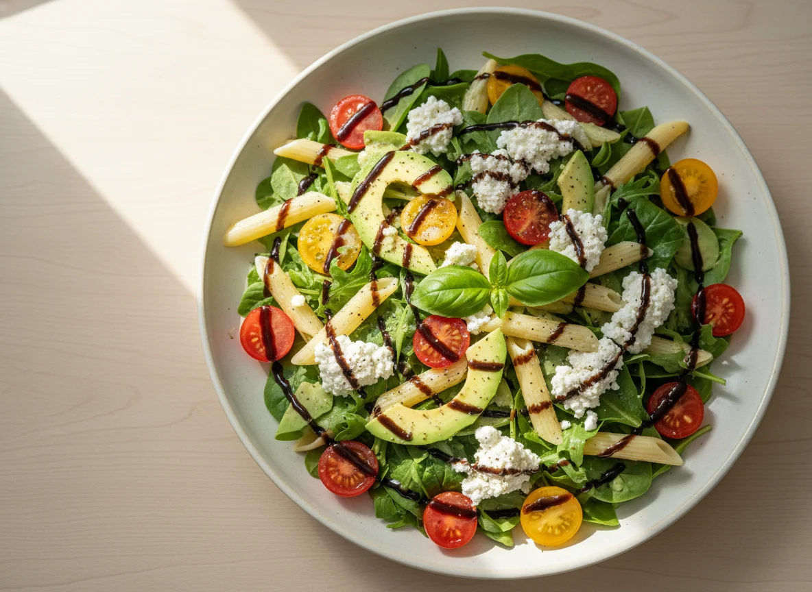 Salat mit Avocado, Hüttenkäse und Penne photo