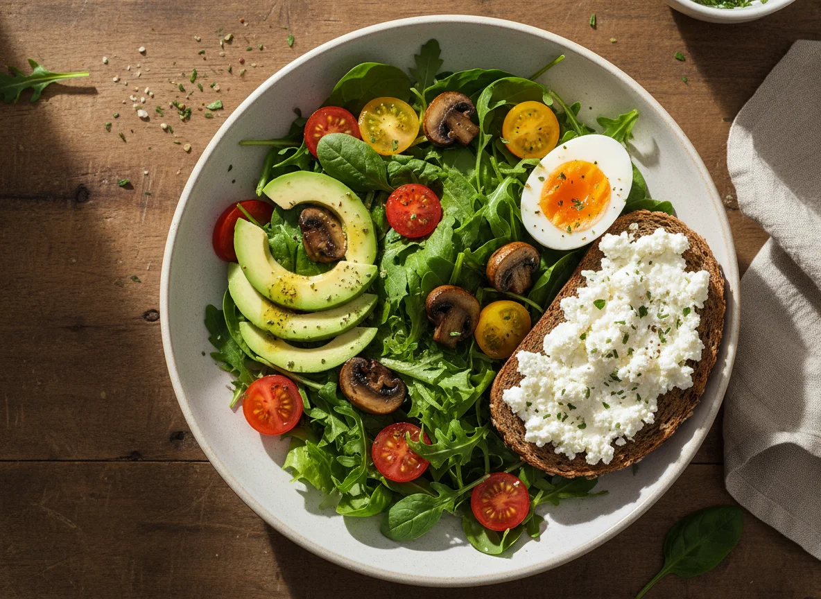 Salat mit Avocado, Pilzen, Ei und Hüttenkäse-Brot photo