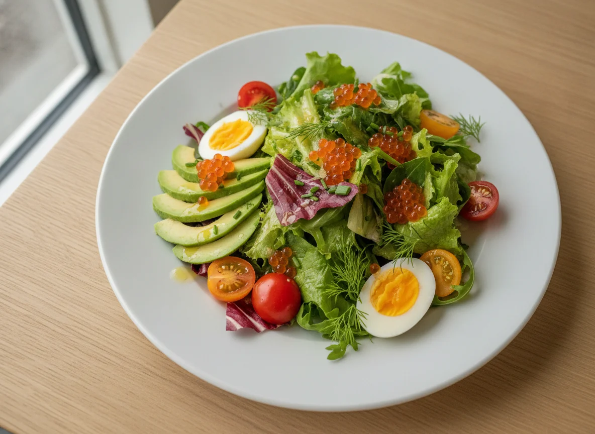 Salat mit Avocado, Tomaten, Ei und Lachsrogen photo