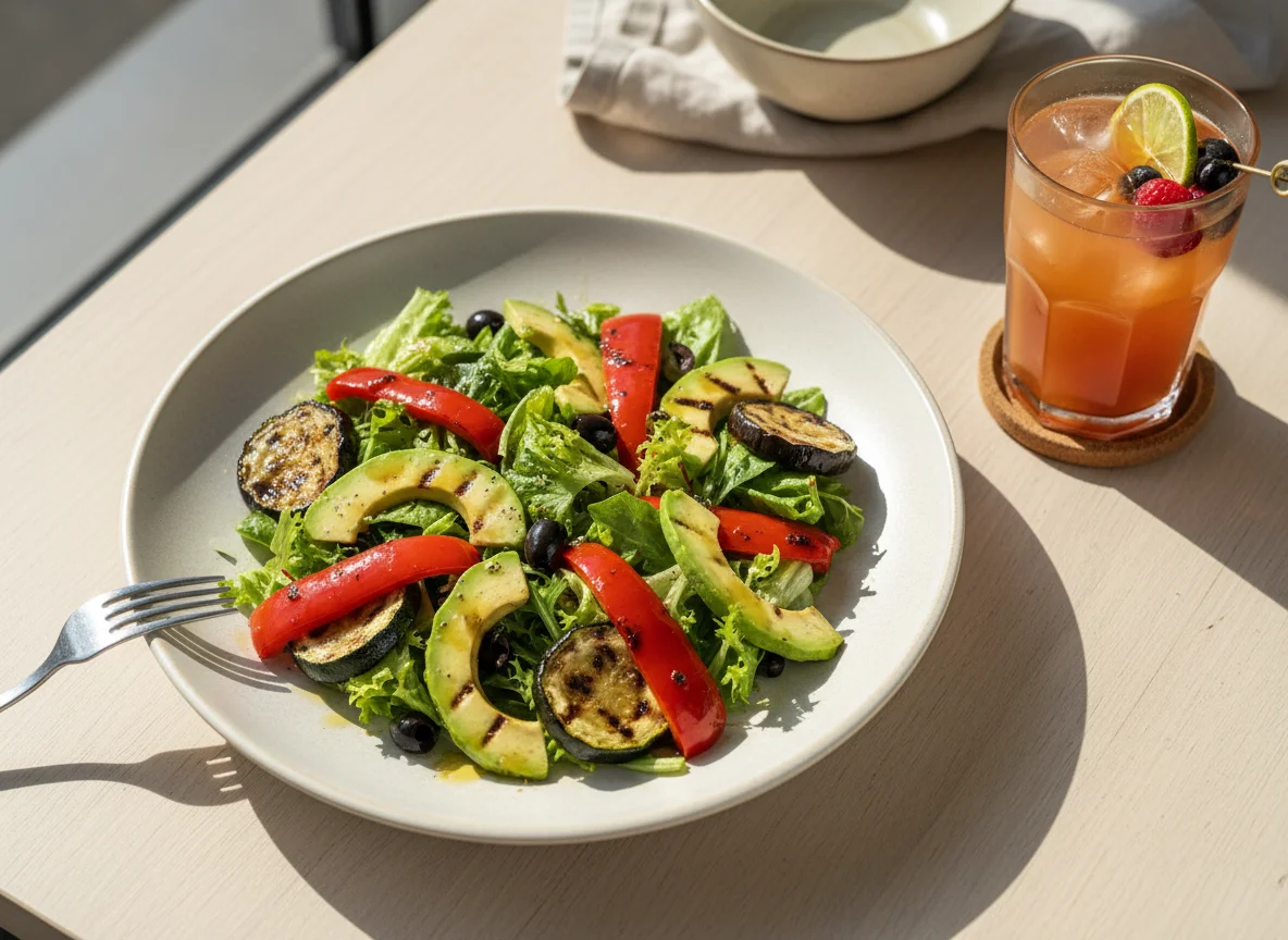 Salat mit Avocado und gegrilltem Gemüse mit Cocktail photo