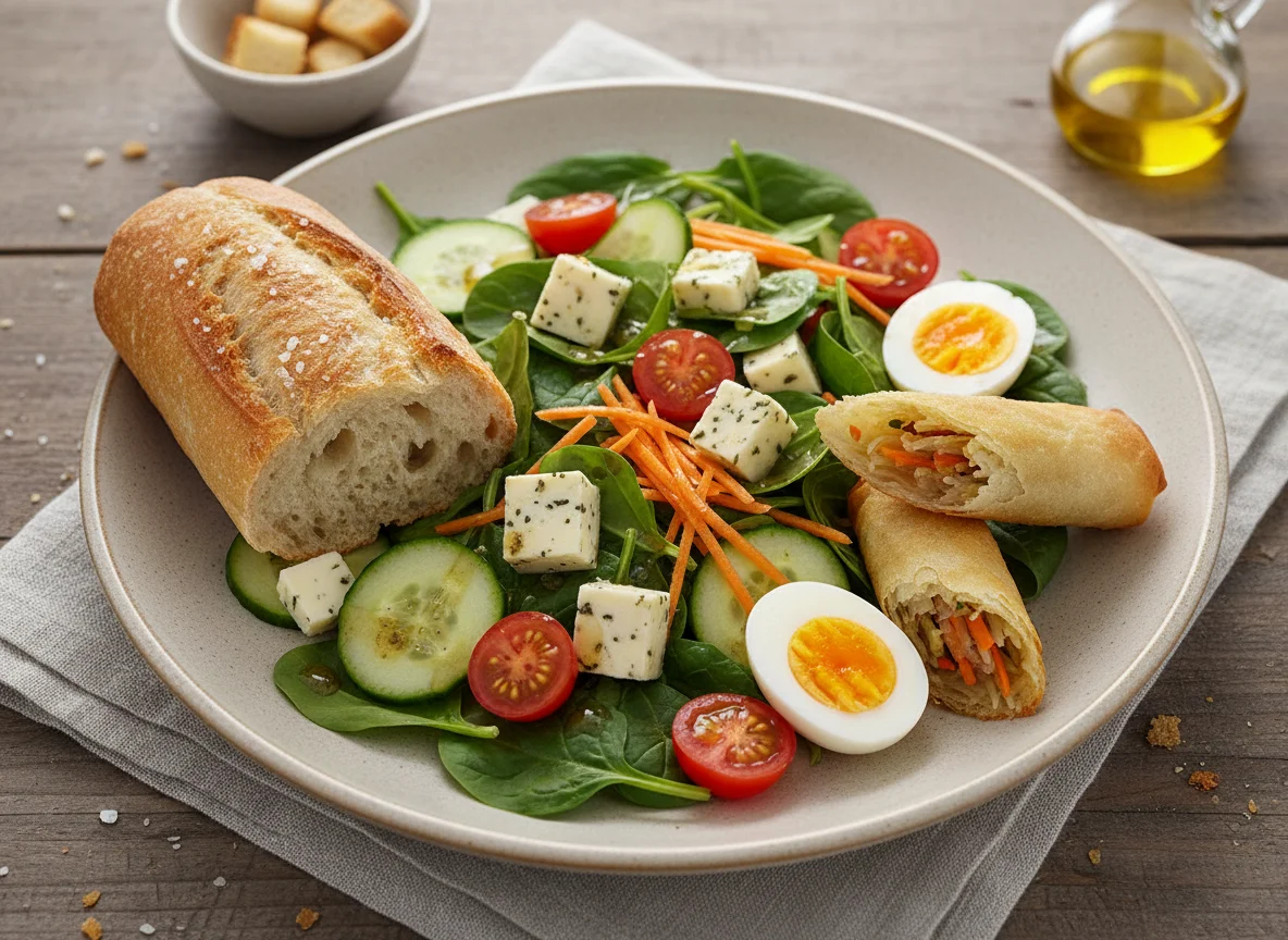 Salat mit Baguette und Frühlingsrollen photo