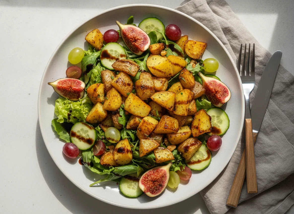 Salat mit Bratkartoffeln und Feigen photo