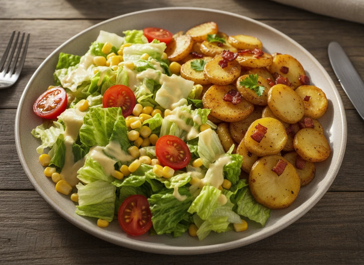 Salat mit Bratkartoffeln und Speck photo
