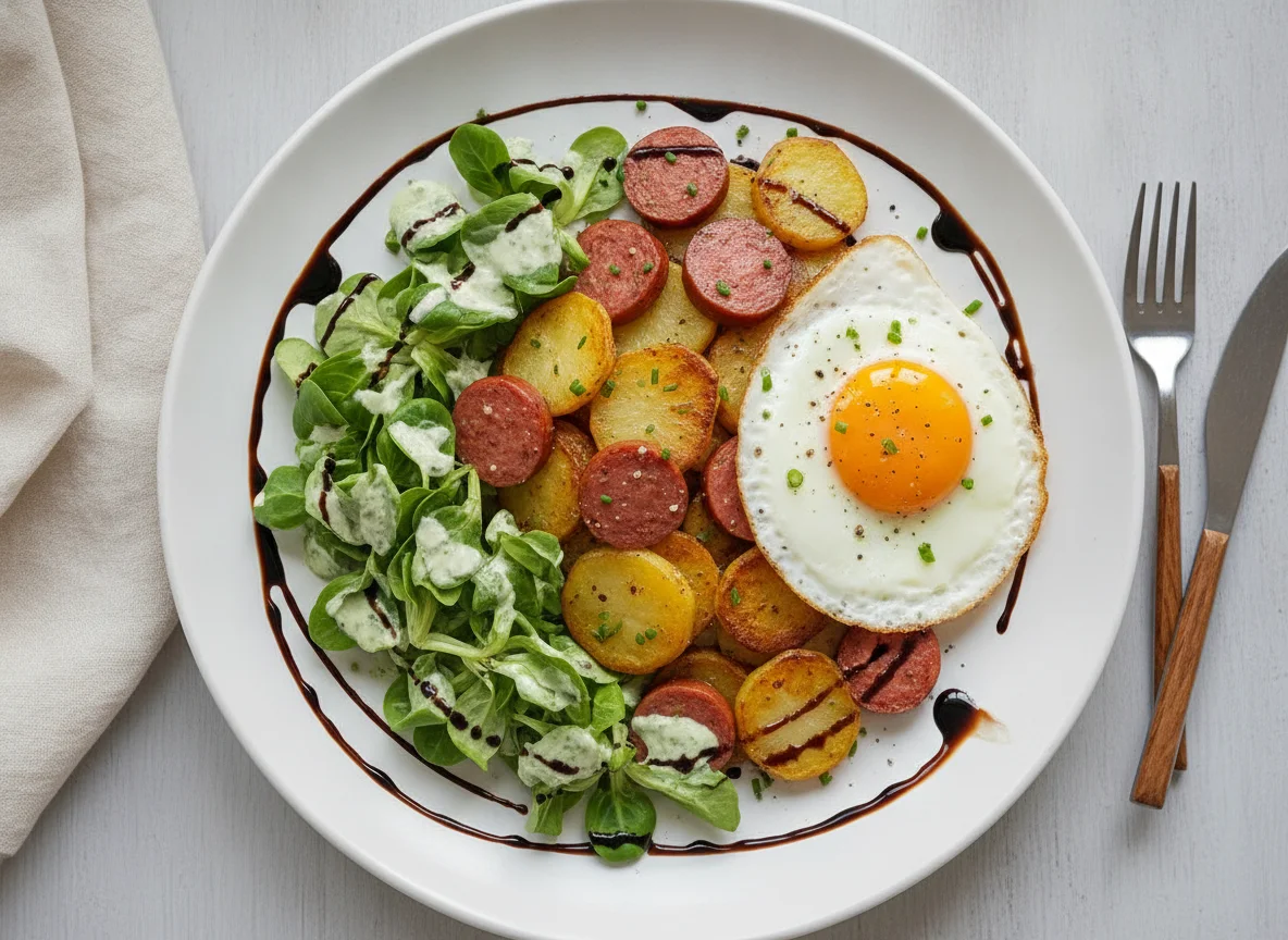 Salat mit Bratkartoffeln und Wurst photo
