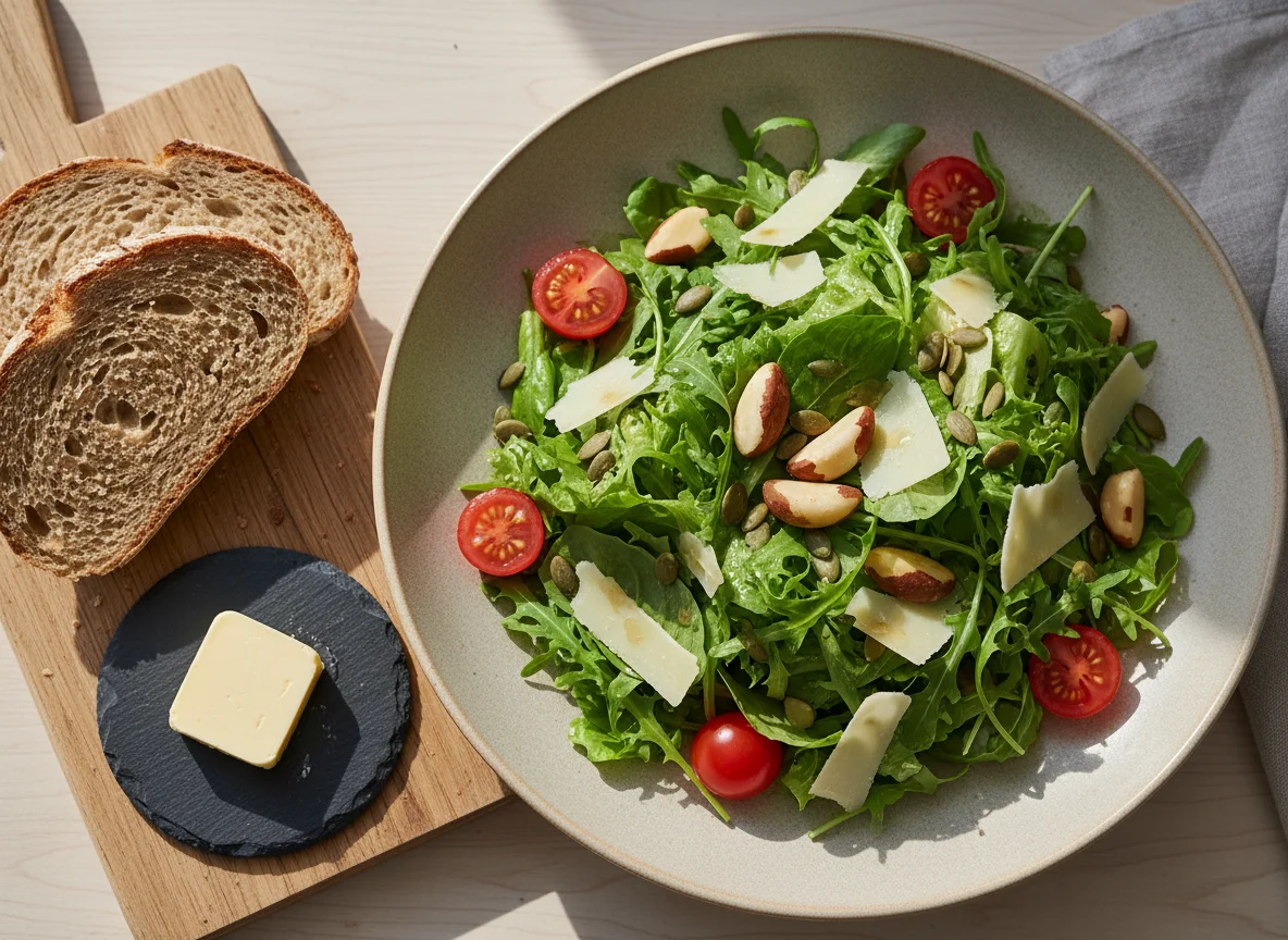 Salat mit Brot und Butter photo