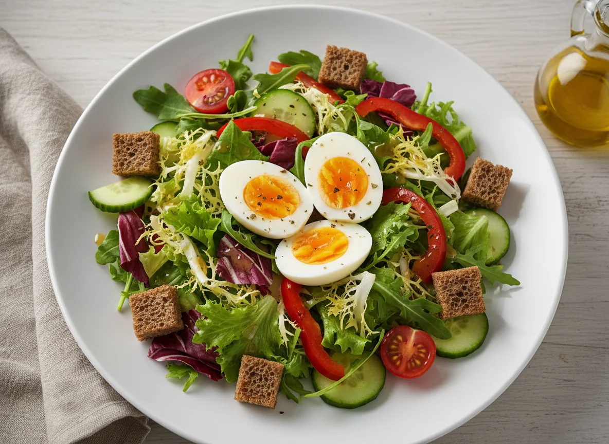 Salat mit Brot und Ei photo