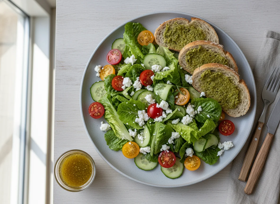 Salat mit Brot und Pesto photo