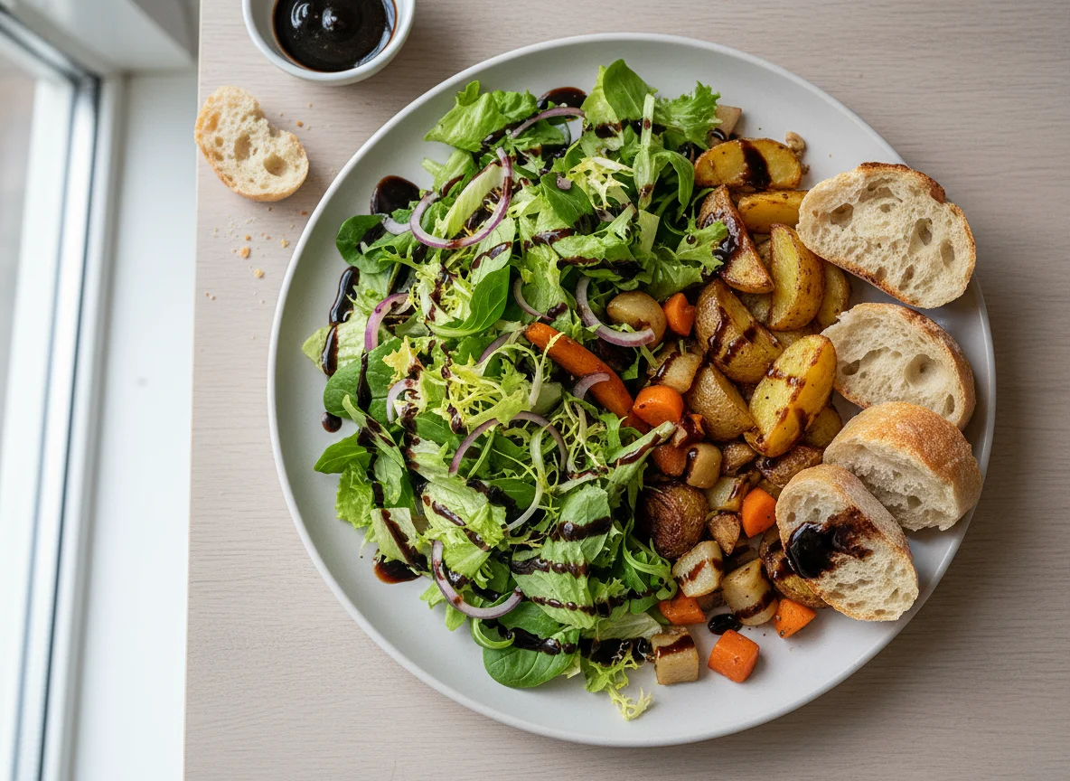 Salat mit Brot und Sauce photo