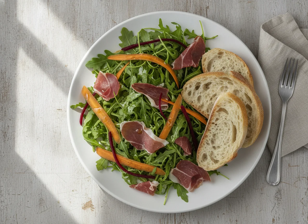Salat mit Brot und Schinken photo