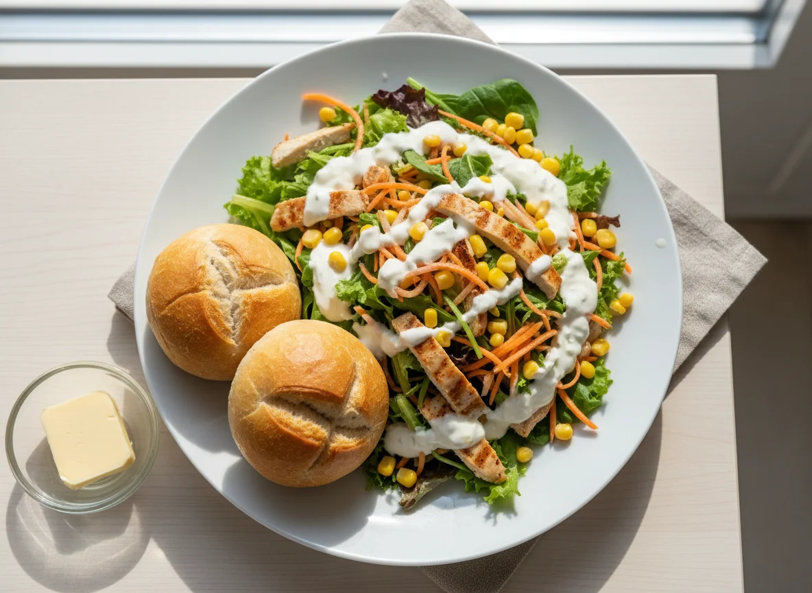 Salat mit Brötchen und Butter photo