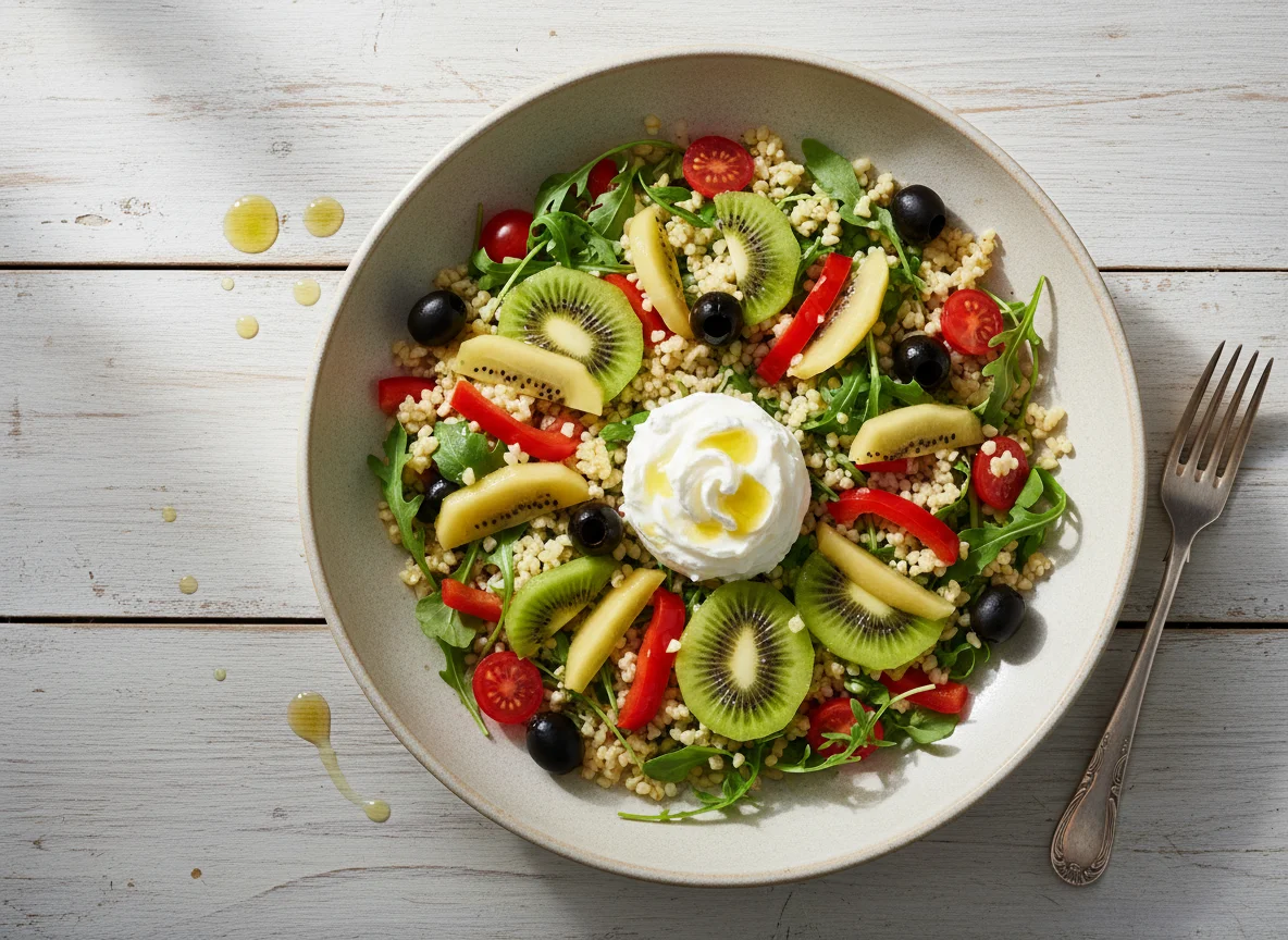 Salat mit Bulgur, Rucola und Kiwi mit Frischkäse photo