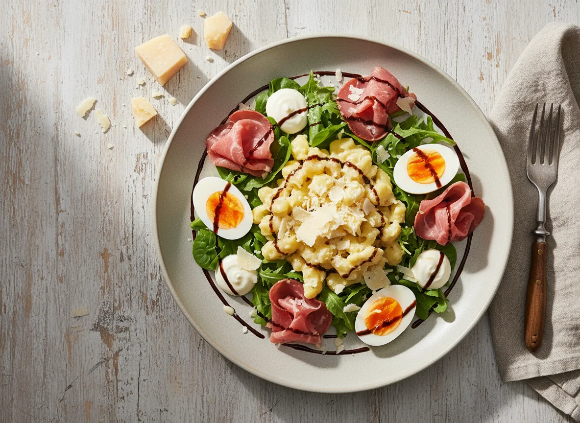 Salat mit Bündnerfleisch, Ei und Älplermagronen photo