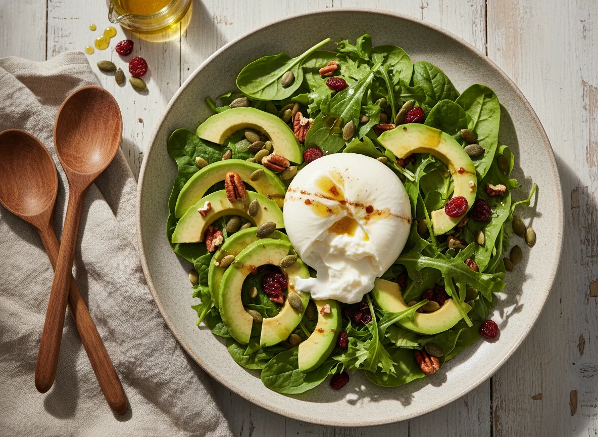 Salat mit Burrata, Avocado und Nüssen photo