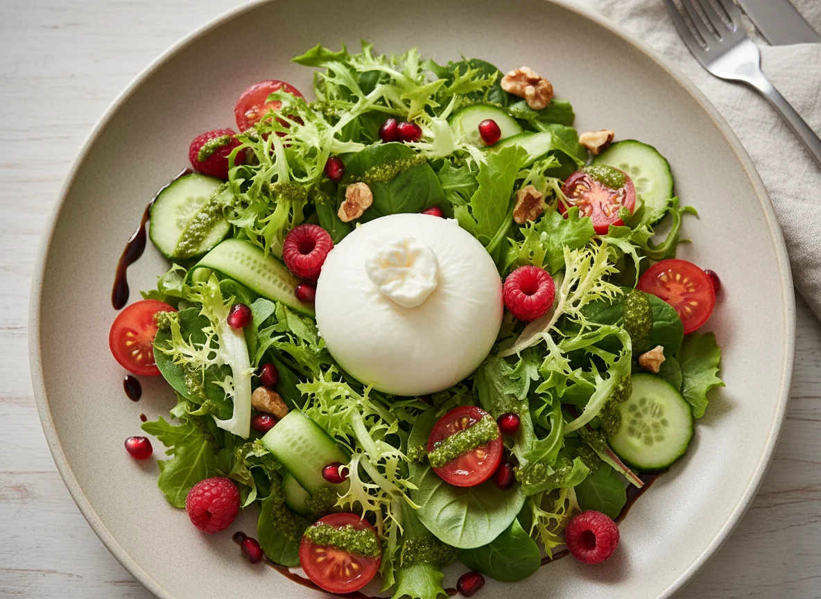 Salat mit Burrata, Beeren und Nüssen photo