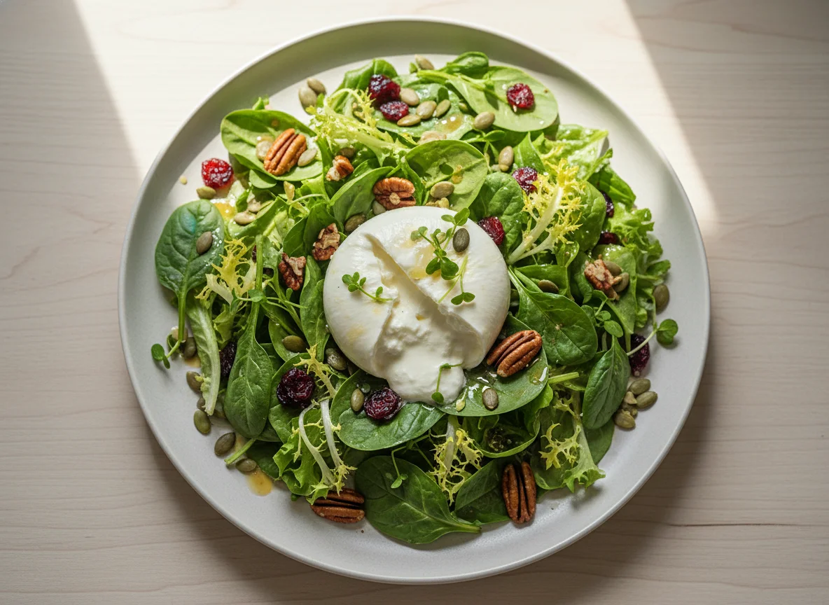 Salat mit Burrata, Nüssen und getrockneten Früchten photo