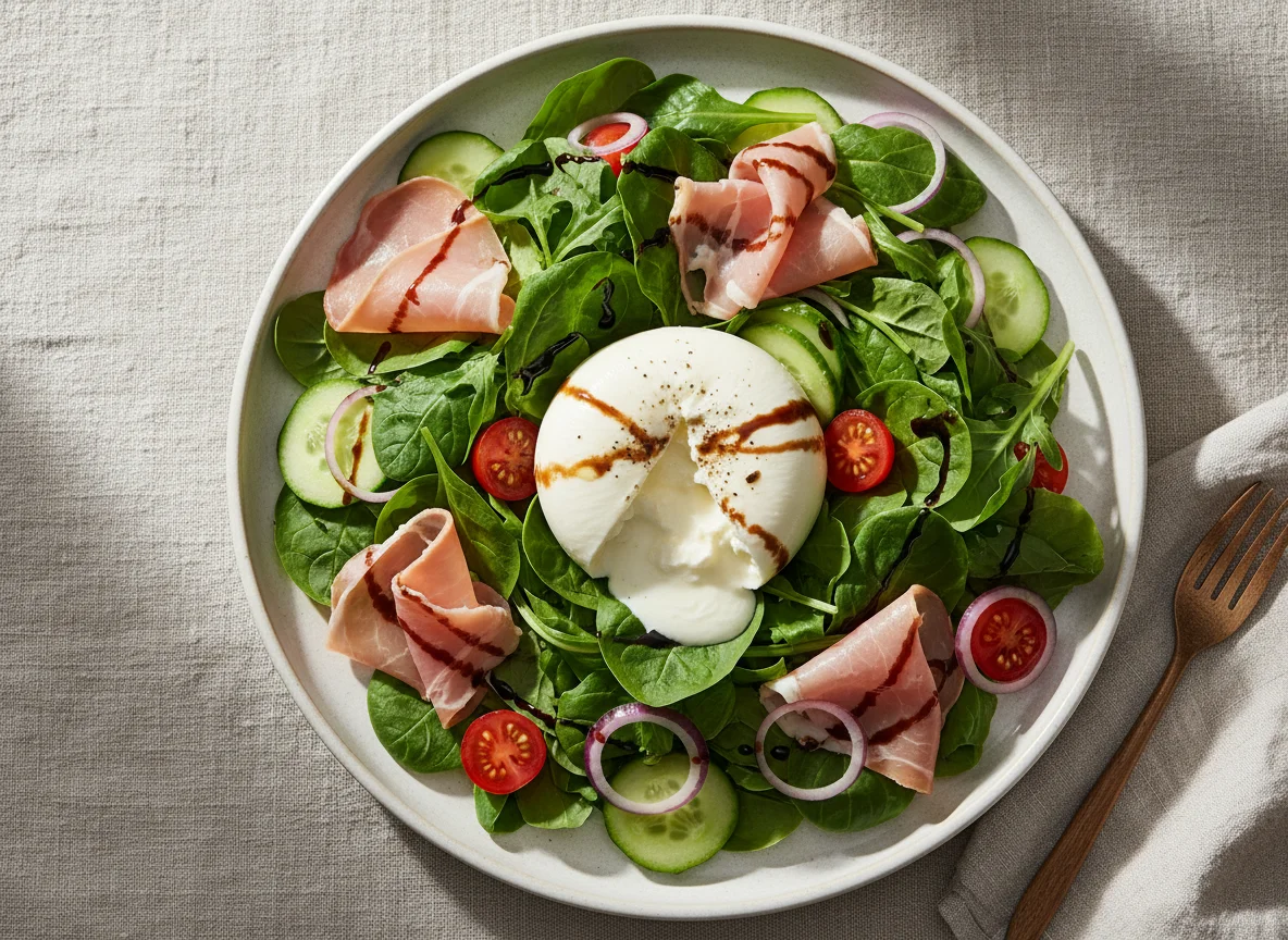 Salat mit Burrata und Schinken photo
