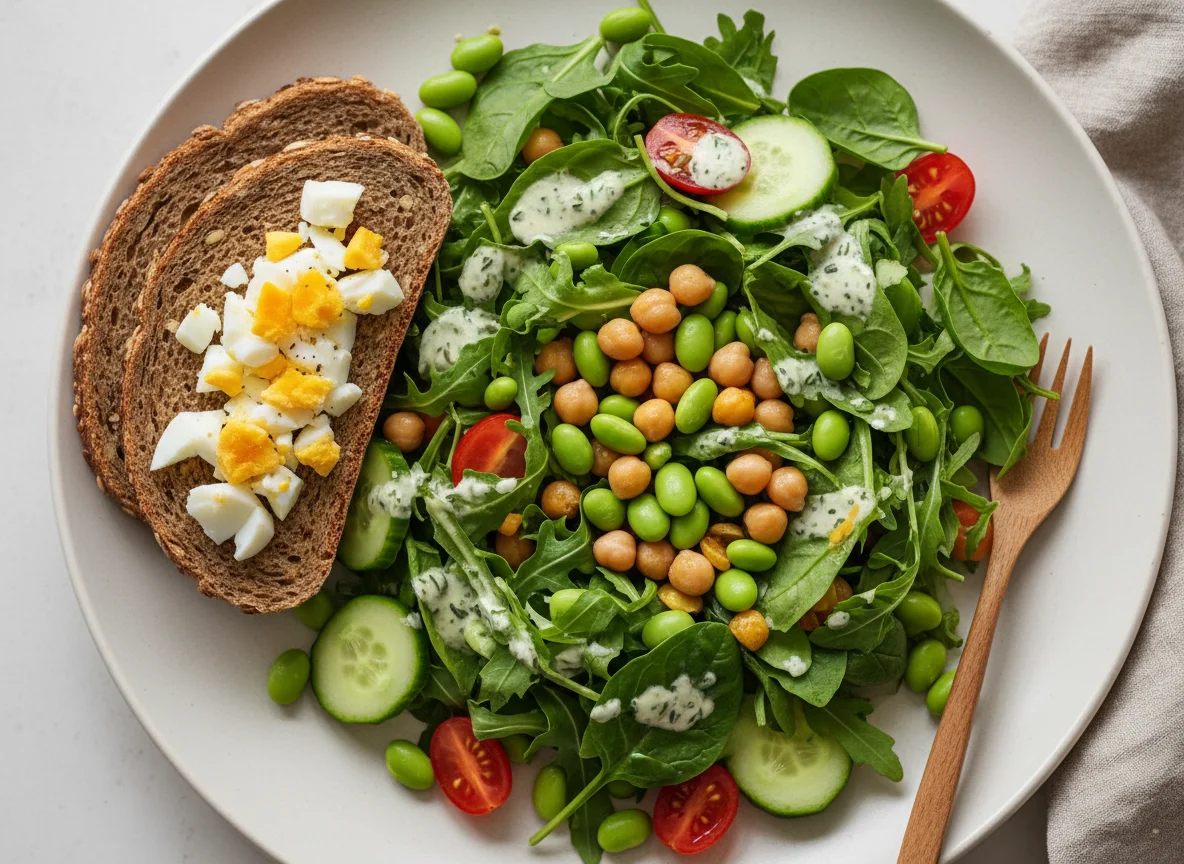 Salat mit Edamame, Kichererbsen und Vollkornbrot mit Ei photo