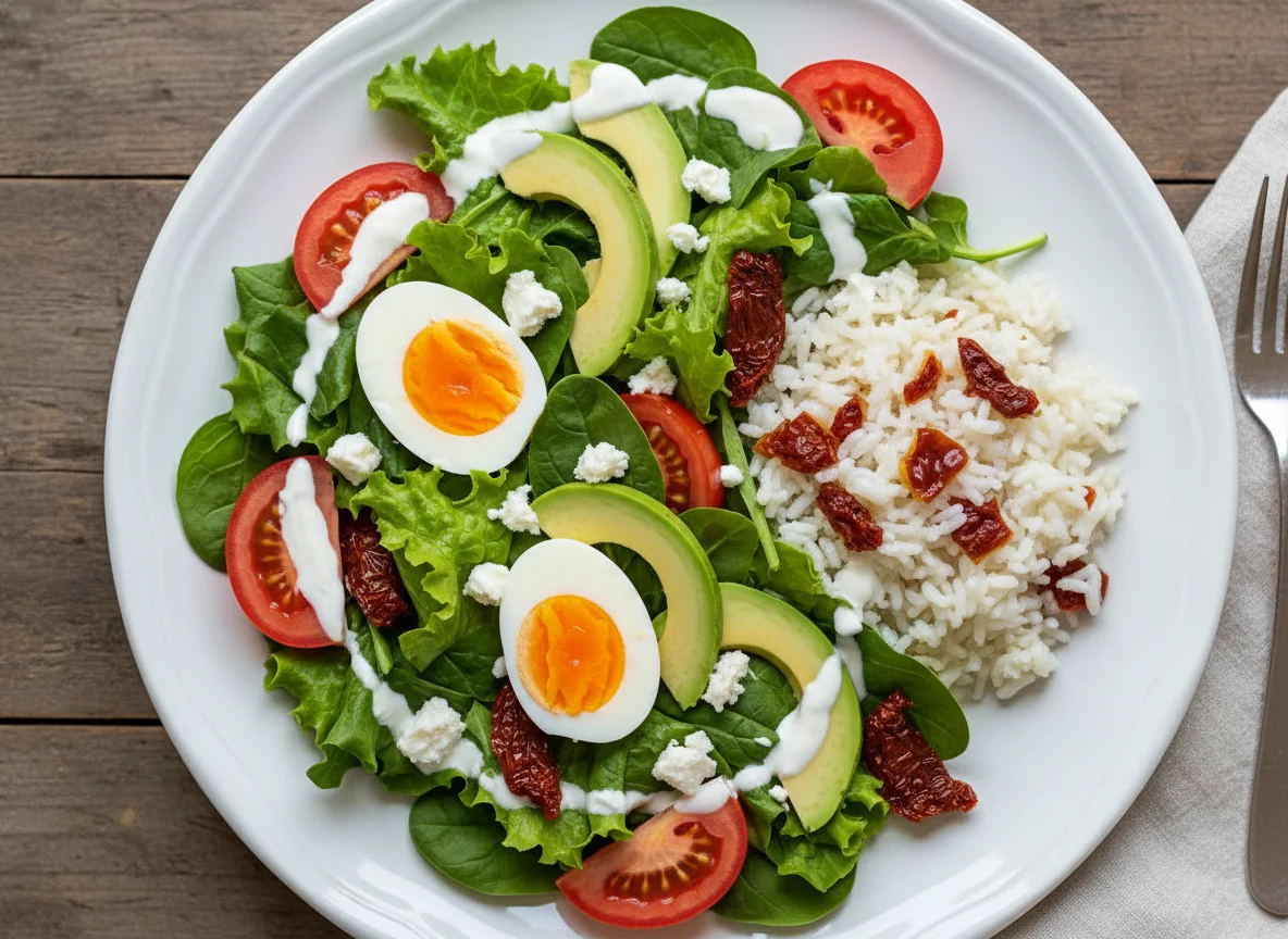 Salat mit Ei, Avocado, Feta und Reis mit getrockneten Tomaten photo