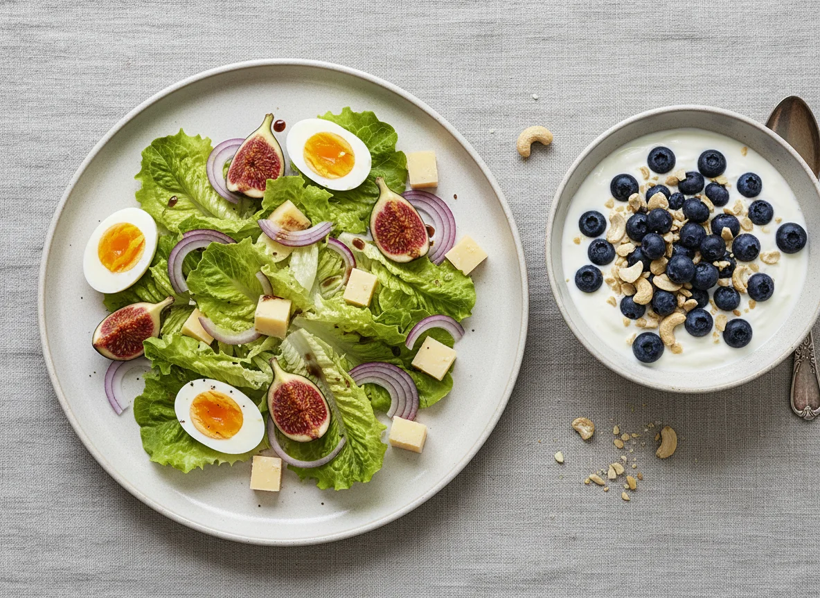 Salat mit Ei, Feige und Käse, dazu Joghurt mit Blaubeeren und Cashews photo