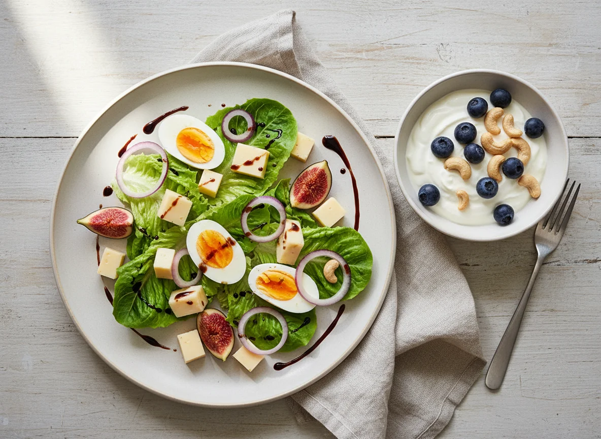 Salat mit Ei, Feigen und Käse, dazu Skyr Natur mit Blaubeeren und Cashews photo