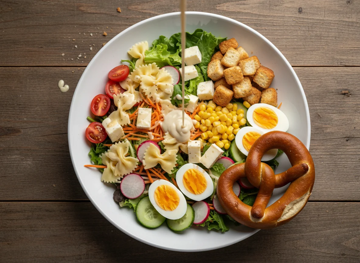 Salat mit Ei, Käse und Brezel photo