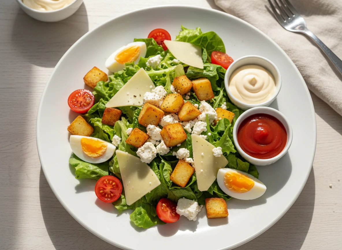 Salat mit Ei, Käse und Saucen photo