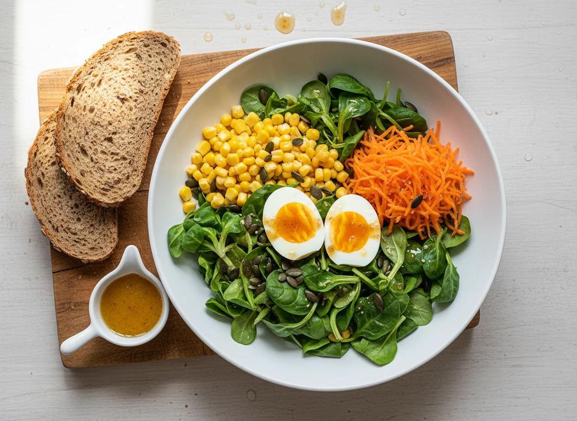 Salat mit Ei, Mais und Brot photo