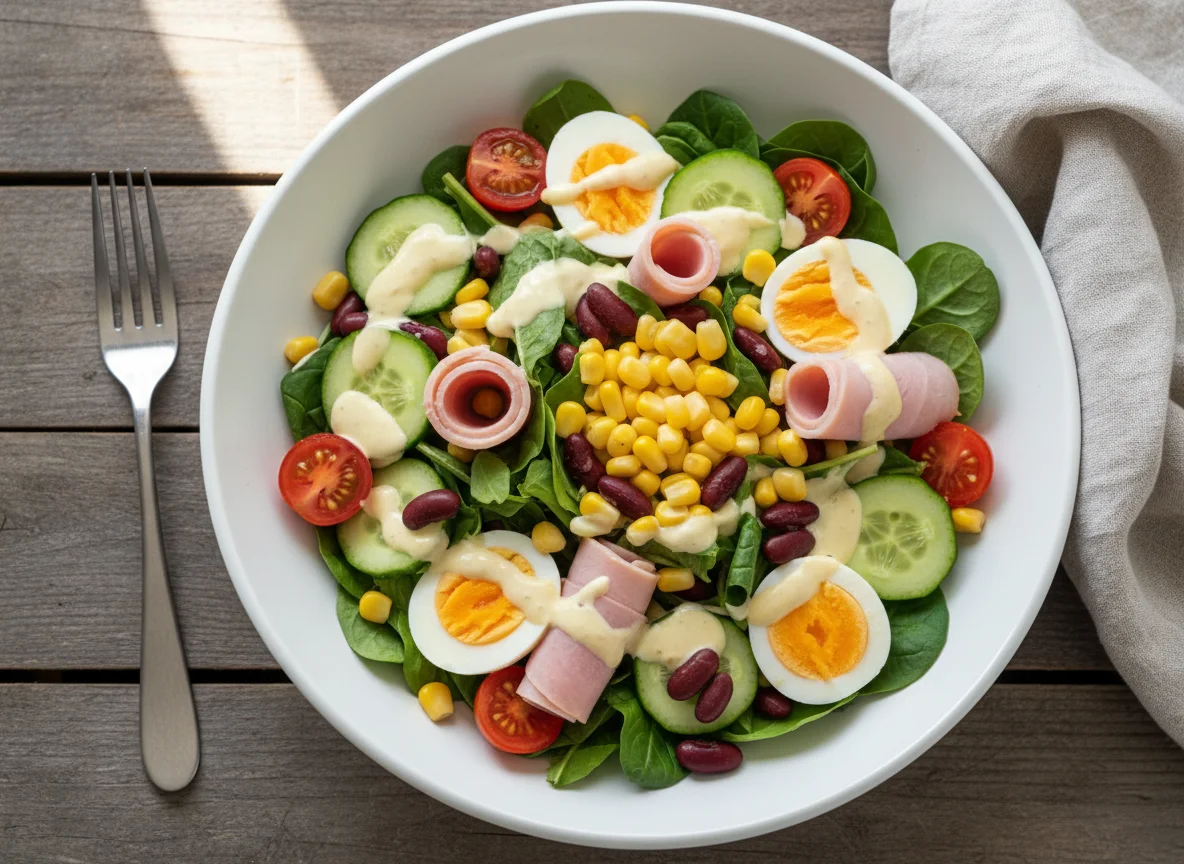 Salat mit Ei, Schinken und Mais photo