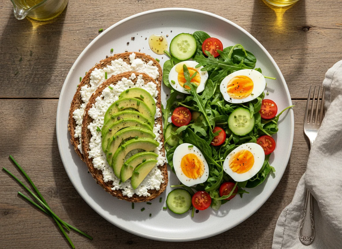 Salat mit Ei und Avocado-Hüttenkäse-Brot photo
