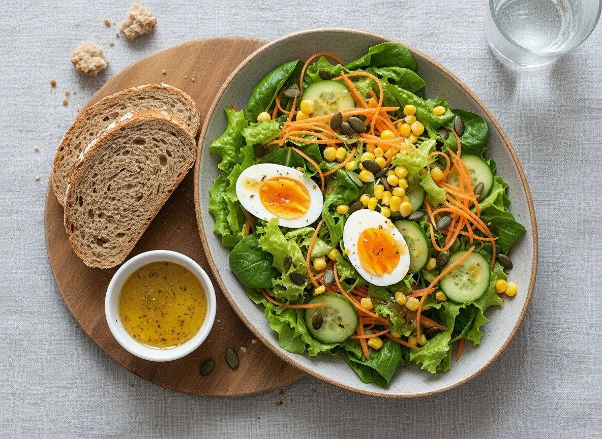 Salat mit Ei und Brot photo