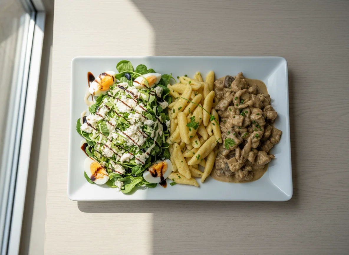 Salat mit Ei und Ziegenkäse, dazu Geschnetzeltes mit Spätzle photo